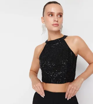 Halter Neck Sequined Bustier Top