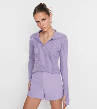 Ribbed Collared Long Sleeves Sweater