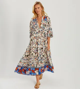 Printed Button Detail Midi Dress