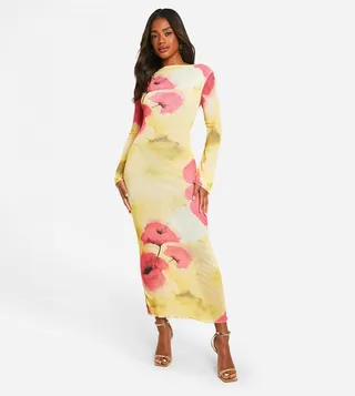 Sheer Scoop Back Floral Maxi Dress