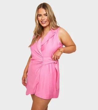 Curve Tie Side Linen Look Blazer Dress