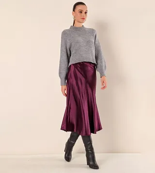 Solid Satin Midi Skirt