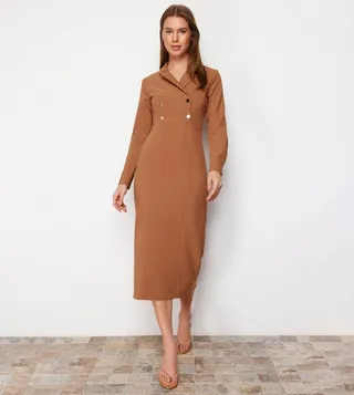 Button Detail Long Sleeves Blazer Dress