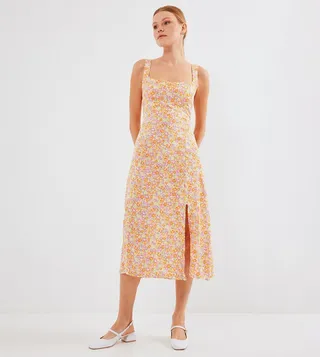 Printed Slit Detail Midi Dress