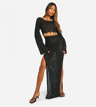 Wooden Bead Cut Out Detail Crochet Maxi Dress