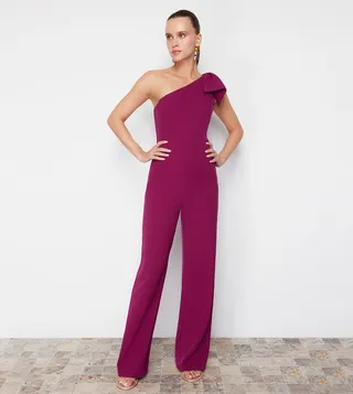 Solid Bow Detail One Shoulder Jumpsuit