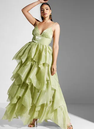 Ruffle Mesh Plunge Neck Dress