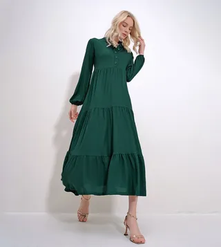 Long Sleeves Crinkle Midi Dress