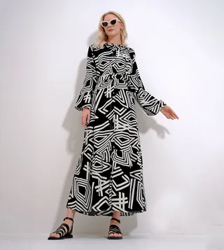 Patterned Long Sleeves Waist Belted Dress