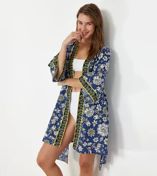 Patterned Flared Sleeves Beach Kimono