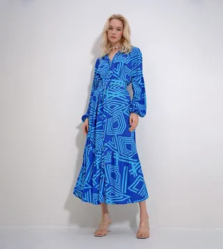 Patterned Puff Sleeves Waist Belted Dress