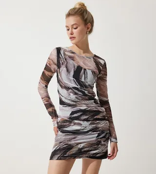 Patterned Long Sleeves Mini Dress