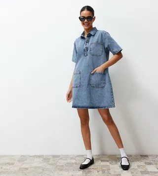 Washed Short Sleeves Mini Denim Dress
