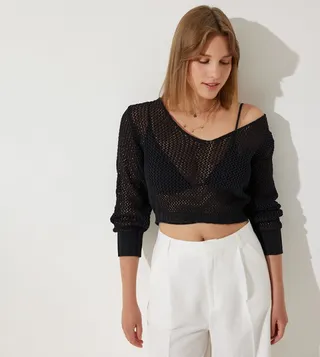 Openwork Long Sleeves Crop Top