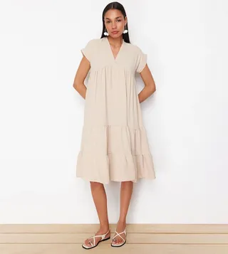 Solid V-Neck Ruffle Midi Dress