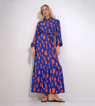 Patterned Waist Belted Maxi Dress