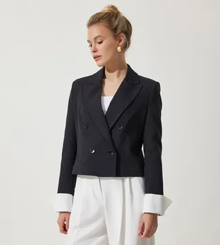 Contrast Cuffed Lapel Collar Blazer