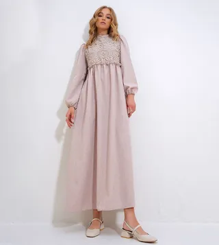 Embroidered Puff Sleeves Maxi Dress