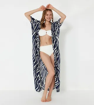 Zebra Patterned Short Sleeves Beach Kimono