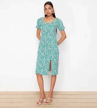 Printed Square Neck Slit Midi Dress