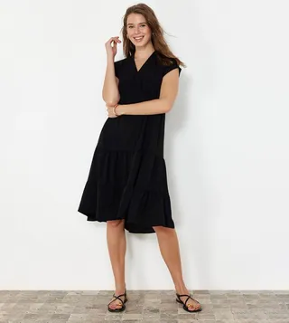 Solid V-Neck Ruffle Midi Dress
