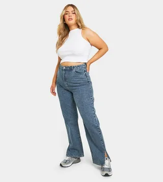 Washed Split Hem Straight Fit Jeans