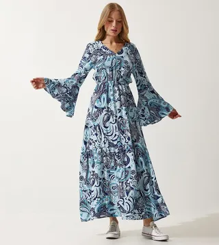 Patterned Bell Sleeves Maxi Dress