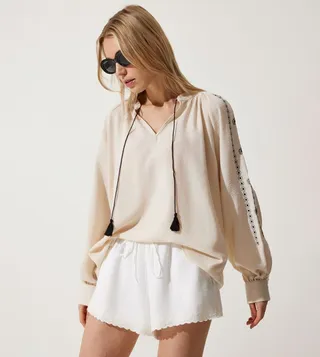 Embroidered Oversized Linen Top