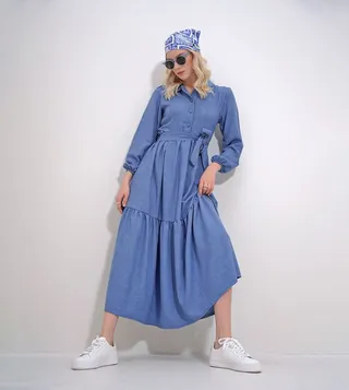 Flared Long Sleeves Midi Dress