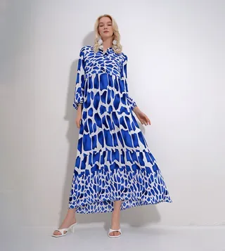 Patterned 3/4 Sleeves Maxi Dress