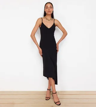 Strappy Asymmetrical Ruffle Midi Dress