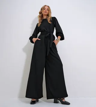 Long Sleeves Waist Belted Jumpsuit