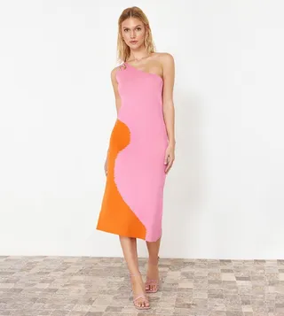 Color Block One Shoulder Midi Dress