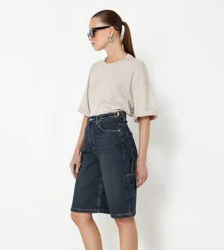 Washed High Waist Denim Bermuda