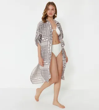 Ethnic Patterned Midi Beach Kimono