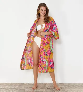 Patterned Flared Sleeves Beach Kimono