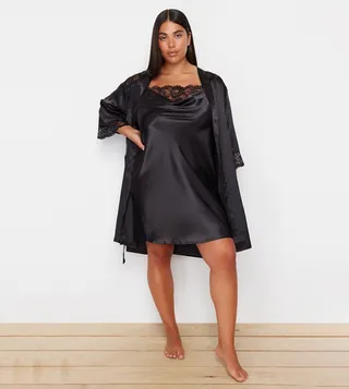 Lace Trim Satin Woven Dressing Gown