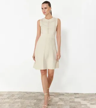 Embroidered Crew Neck Midi Dress