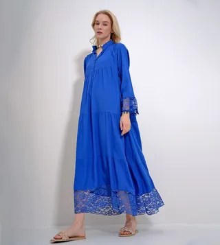 V-Neck Lace Detail Midi Dress