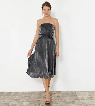 Pleated Strapless Midi Dress