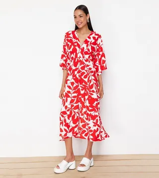 Printed 3/4 Sleeves Double Breasted Midi Dress