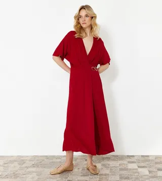 Double Breasted Accessory Detail Midi Dress