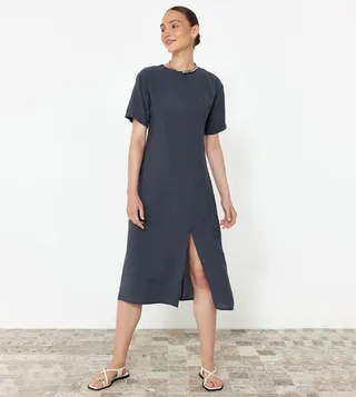 Short Sleeves Gather Detail Midi Dress