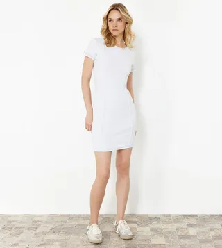 Ribbed Piping Detail Short Sleeves Mini Dress