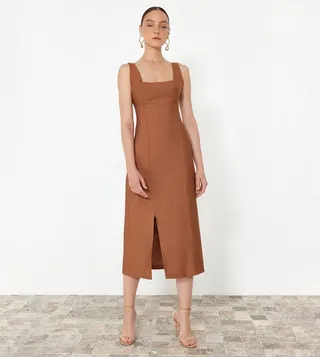 Solid Square Neck Slit Midi Dress