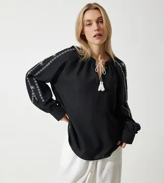 Embroidered Oversized Linen Top