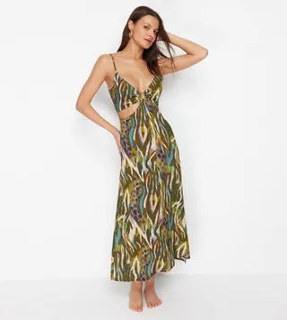Abstract Patterned Cut-Out Detail Beach Dress