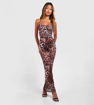 Leopard Print Mesh Strappy Maxi Dress
