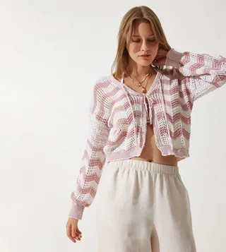 Striped Openwork Long Sleeves Cardigan