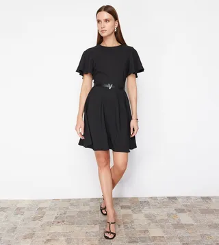 Belted Short Sleeves Mini Dress